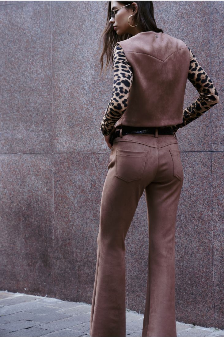 Suede-effect flared trousers with medium rise