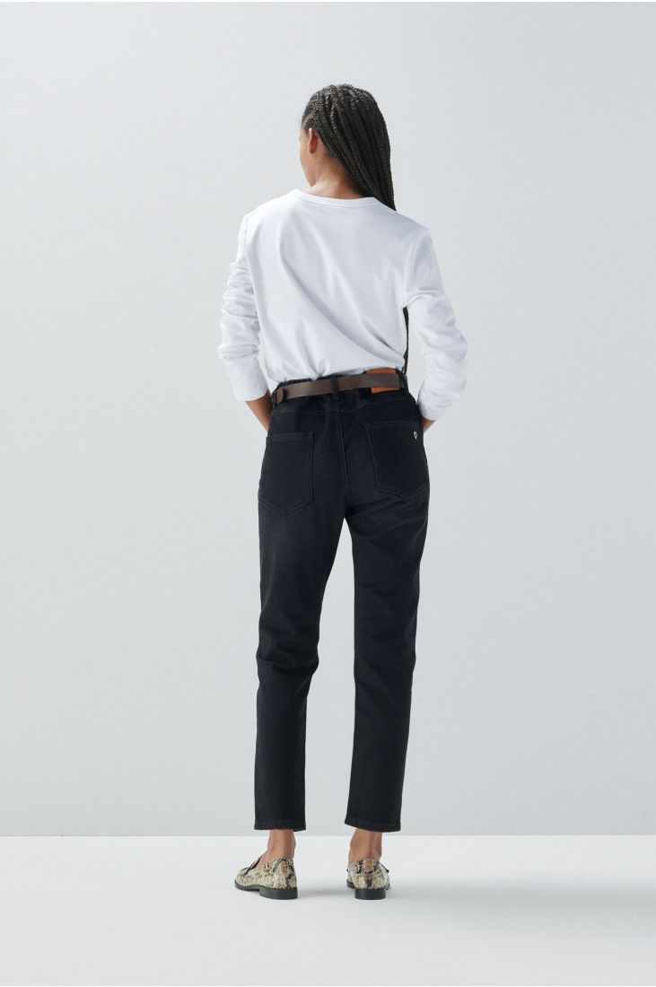 Belted five-pocket straight-leg jeans